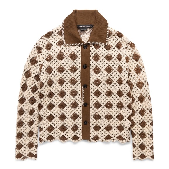ANDERSON BELL BRAND NEW CROCHET COTTON CARDIGAN BROWN and Cream Patterned L